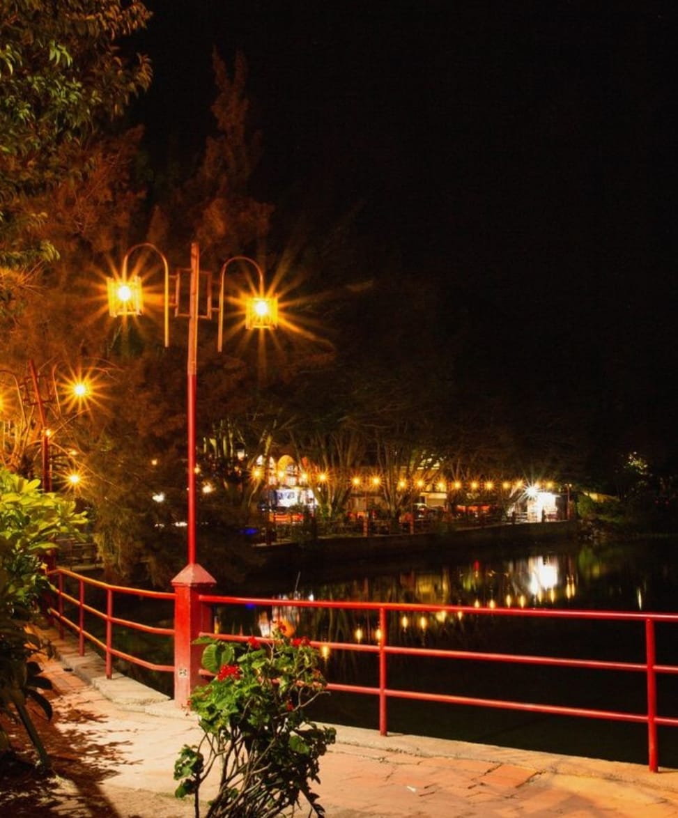 Farolas junto a la laguna de Santa Lucía de noche
